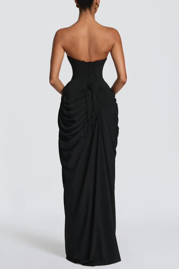 Cyra Back Lace-up Asymmetrical Pleats Strapless Slit Maxi Dress