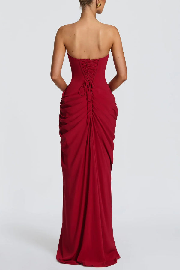 Cyra Back Lace-up Asymmetrical Pleats Strapless Slit Maxi Dress