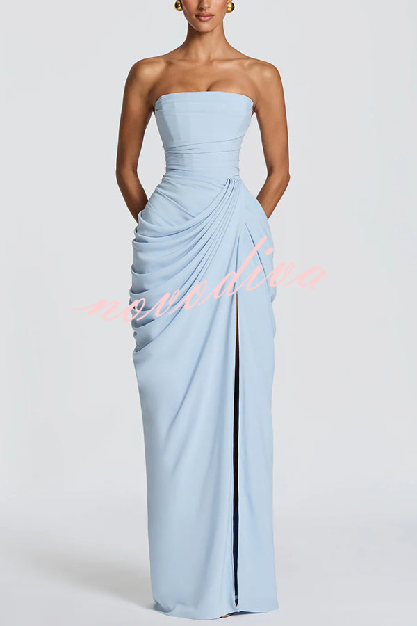 Cyra Back Lace-up Asymmetrical Pleats Strapless Slit Maxi Dress