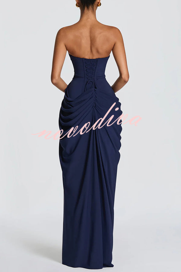 Cyra Back Lace-up Asymmetrical Pleats Strapless Slit Maxi Dress