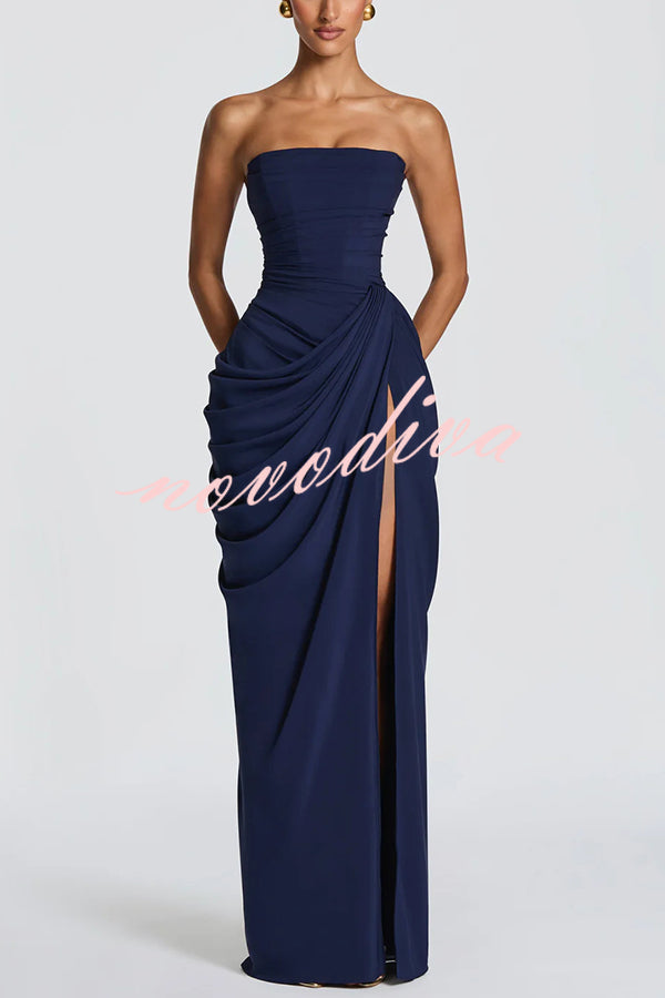 Cyra Back Lace-up Asymmetrical Pleats Strapless Slit Maxi Dress