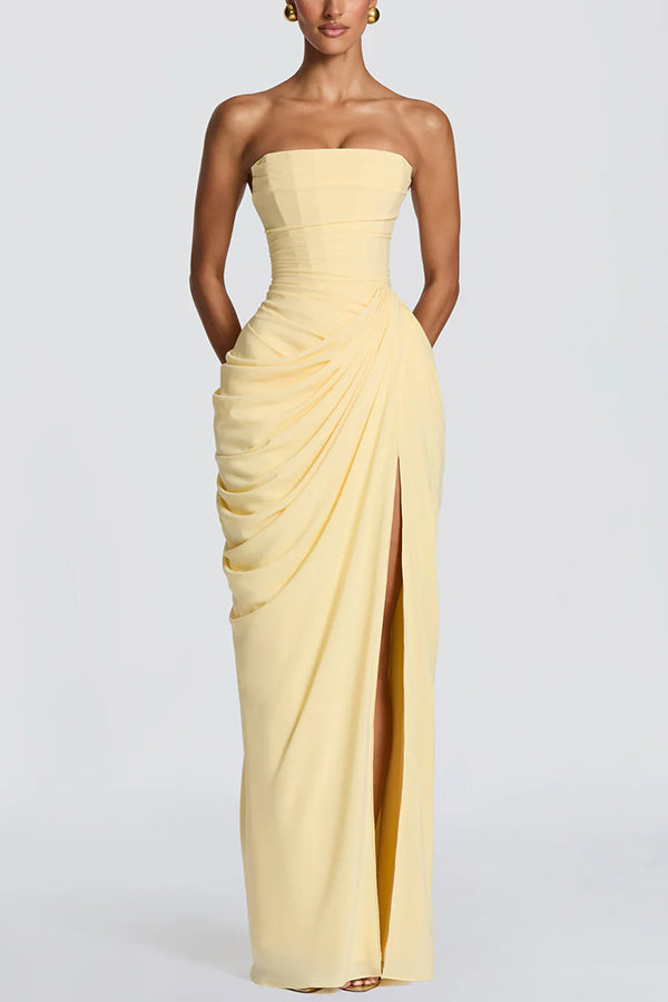 Cyra Back Lace-up Asymmetrical Pleats Strapless Slit Maxi Dress