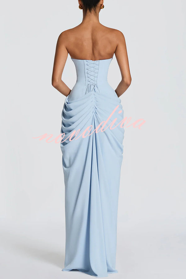 Cyra Back Lace-up Asymmetrical Pleats Strapless Slit Maxi Dress