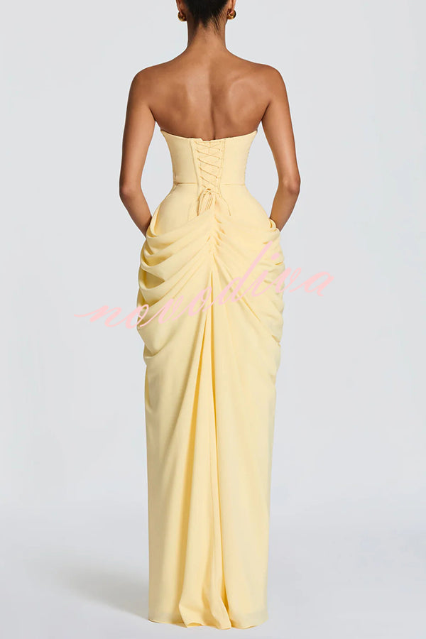 Cyra Back Lace-up Asymmetrical Pleats Strapless Slit Maxi Dress