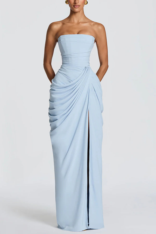 Cyra Back Lace-up Asymmetrical Pleats Strapless Slit Maxi Dress