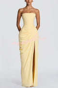 Cyra Back Lace-up Asymmetrical Pleats Strapless Slit Maxi Dress