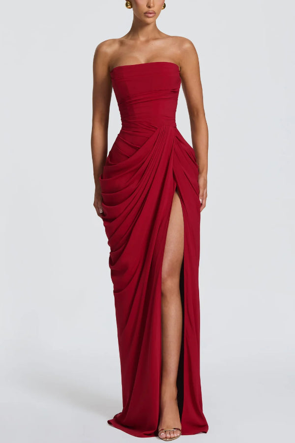 Cyra Back Lace-up Asymmetrical Pleats Strapless Slit Maxi Dress
