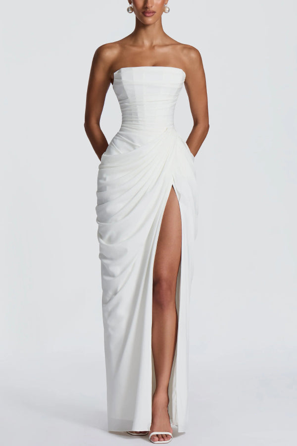 Cyra Back Lace-up Asymmetrical Pleats Strapless Slit Maxi Dress