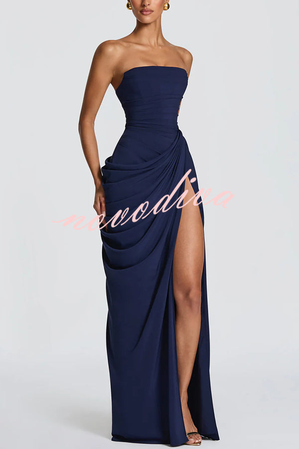 Cyra Back Lace-up Asymmetrical Pleats Strapless Slit Maxi Dress